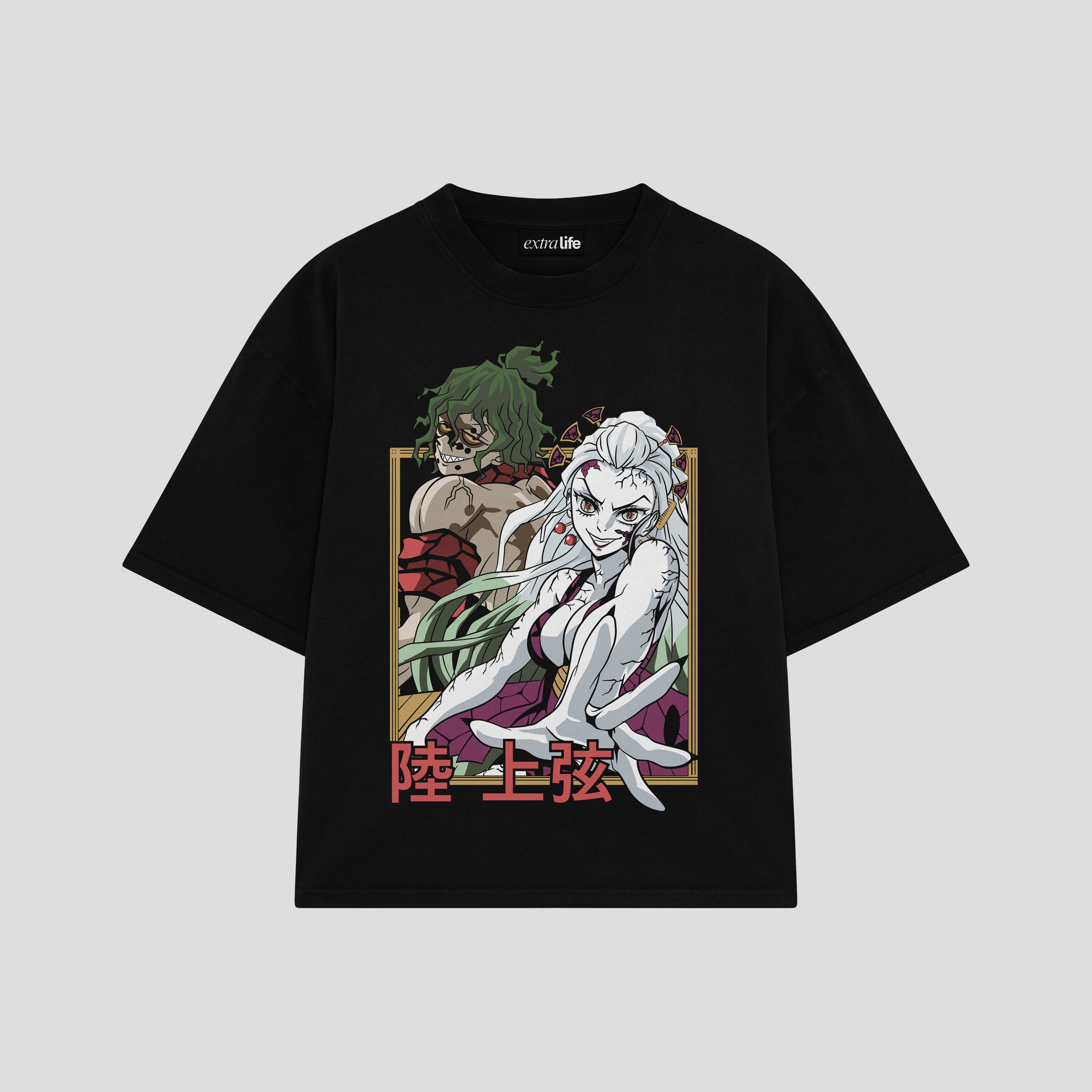 Playera streetwear premium de anime y gaming ExtraLife MX, corte boxy oversized drop shoulder heavyweight en color Deep Black y Off-White, moda urbana mexicana de culto.