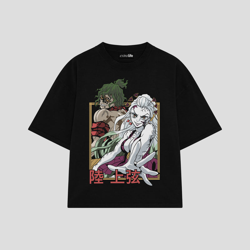 Playera streetwear premium de anime y gaming ExtraLife MX, corte boxy oversized drop shoulder heavyweight en color Deep Black y Off-White, moda urbana mexicana de culto.