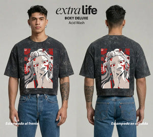Playera streetwear premium de anime y gaming ExtraLife MX, corte boxy deluxe mineral wash heavyweight en color Acid Wash, moda urbana mexicana de culto.