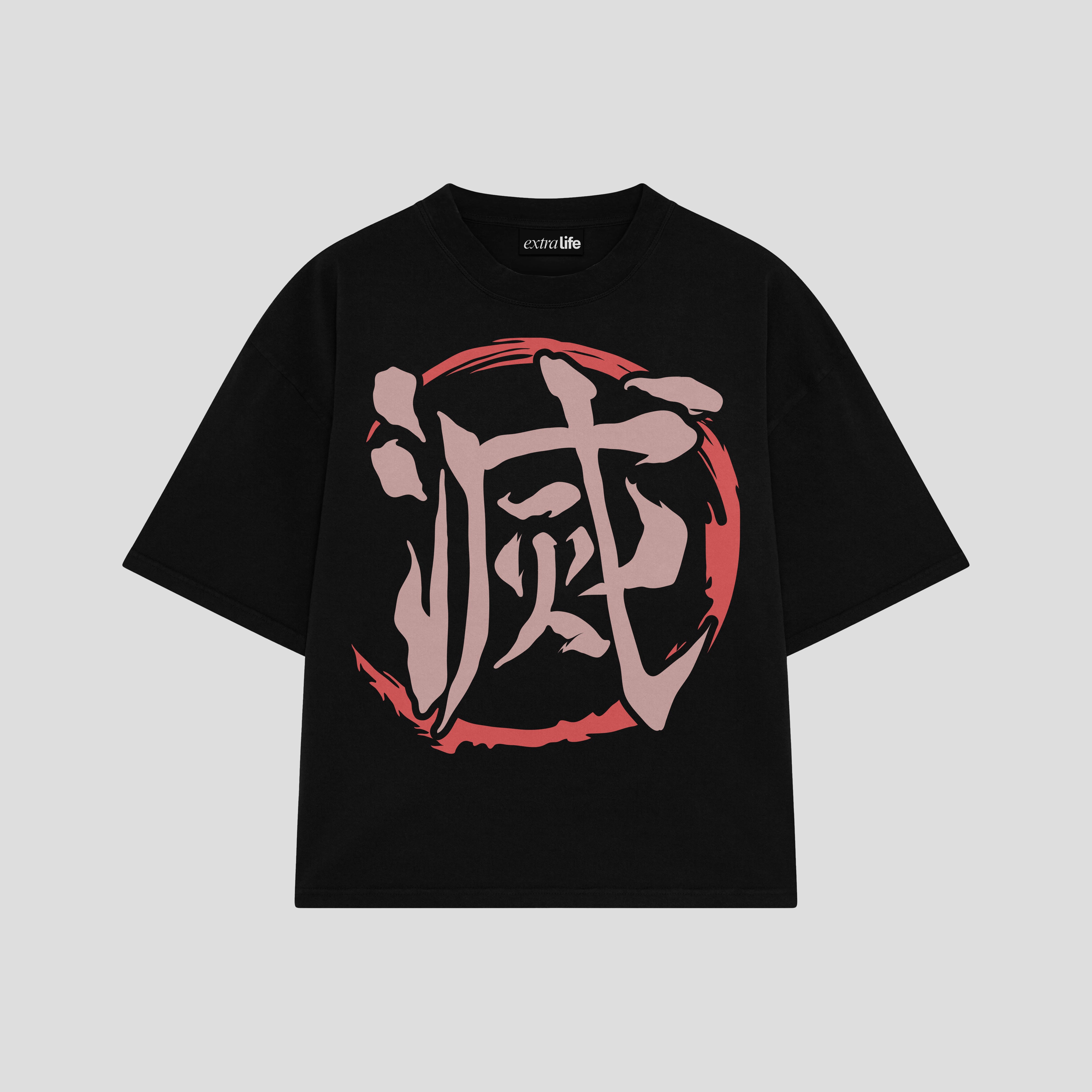 Playera streetwear premium de anime y gaming ExtraLife MX, corte boxy oversized drop shoulder heavyweight en color Deep Black y Off-White, moda urbana mexicana de culto.