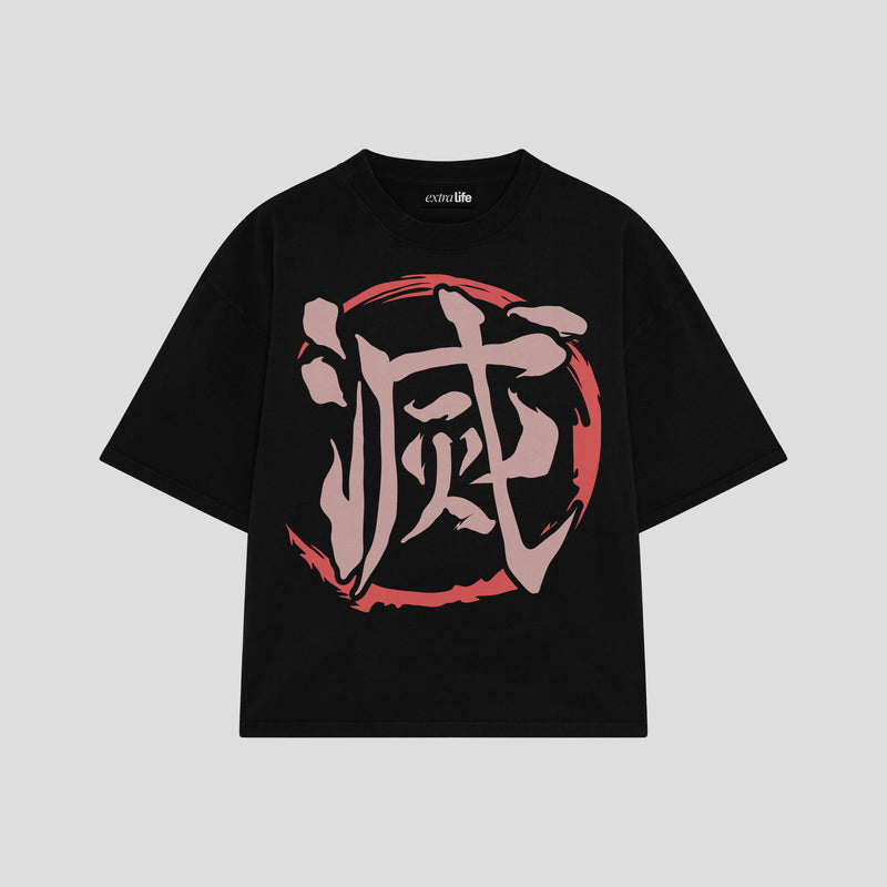 Playera streetwear premium de anime y gaming ExtraLife MX, corte boxy oversized drop shoulder heavyweight en color Deep Black y Off-White, moda urbana mexicana de culto.