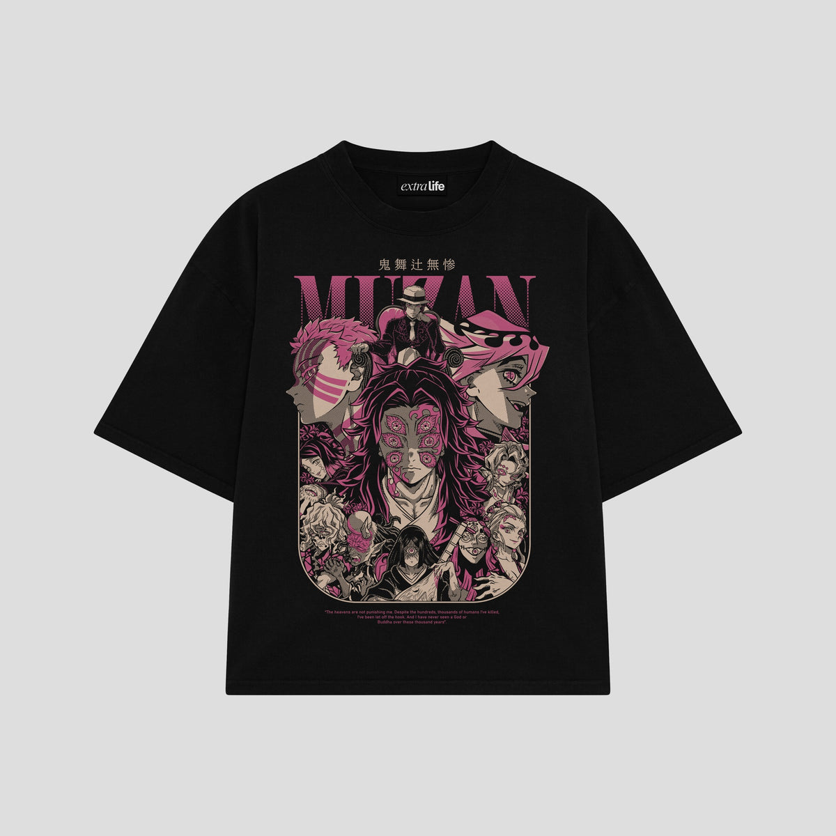 Playera streetwear premium de anime y gaming ExtraLife MX, corte oversized drop shoulder ligero y fresco en color Deep Black y Off-White, moda urbana mexicana de culto.