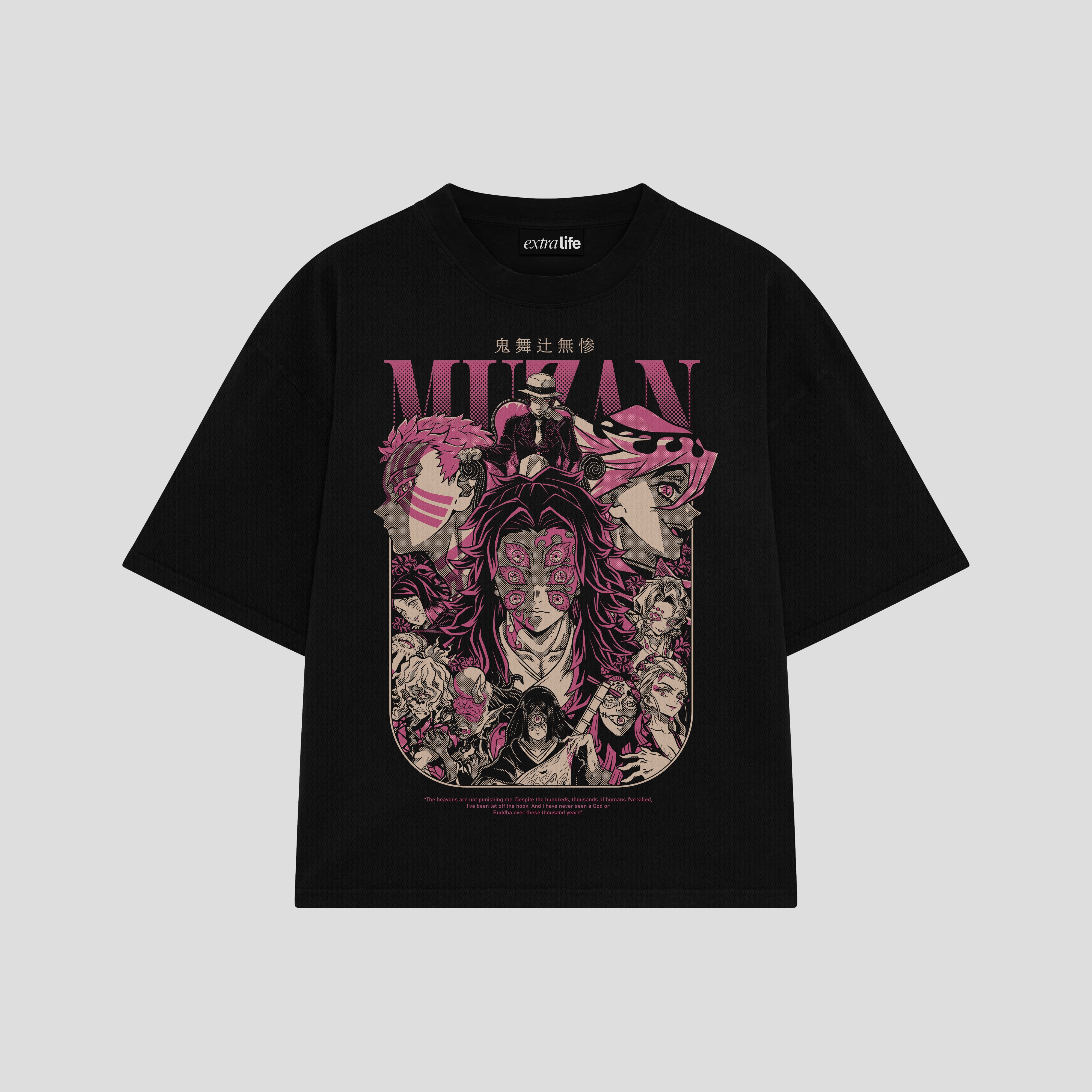 Playera streetwear premium de anime y gaming ExtraLife MX, corte boxy oversized drop shoulder heavyweight en color Deep Black y Off-White, moda urbana mexicana de culto.