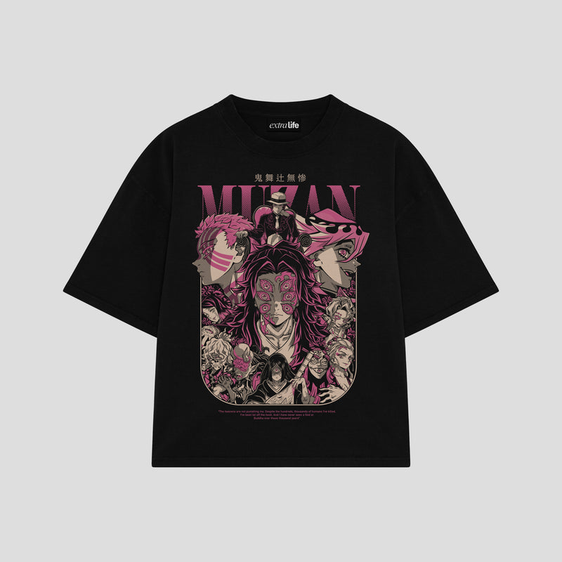 Playera streetwear premium de anime y gaming ExtraLife MX, corte boxy oversized drop shoulder heavyweight en color Deep Black y Off-White, moda urbana mexicana de culto.