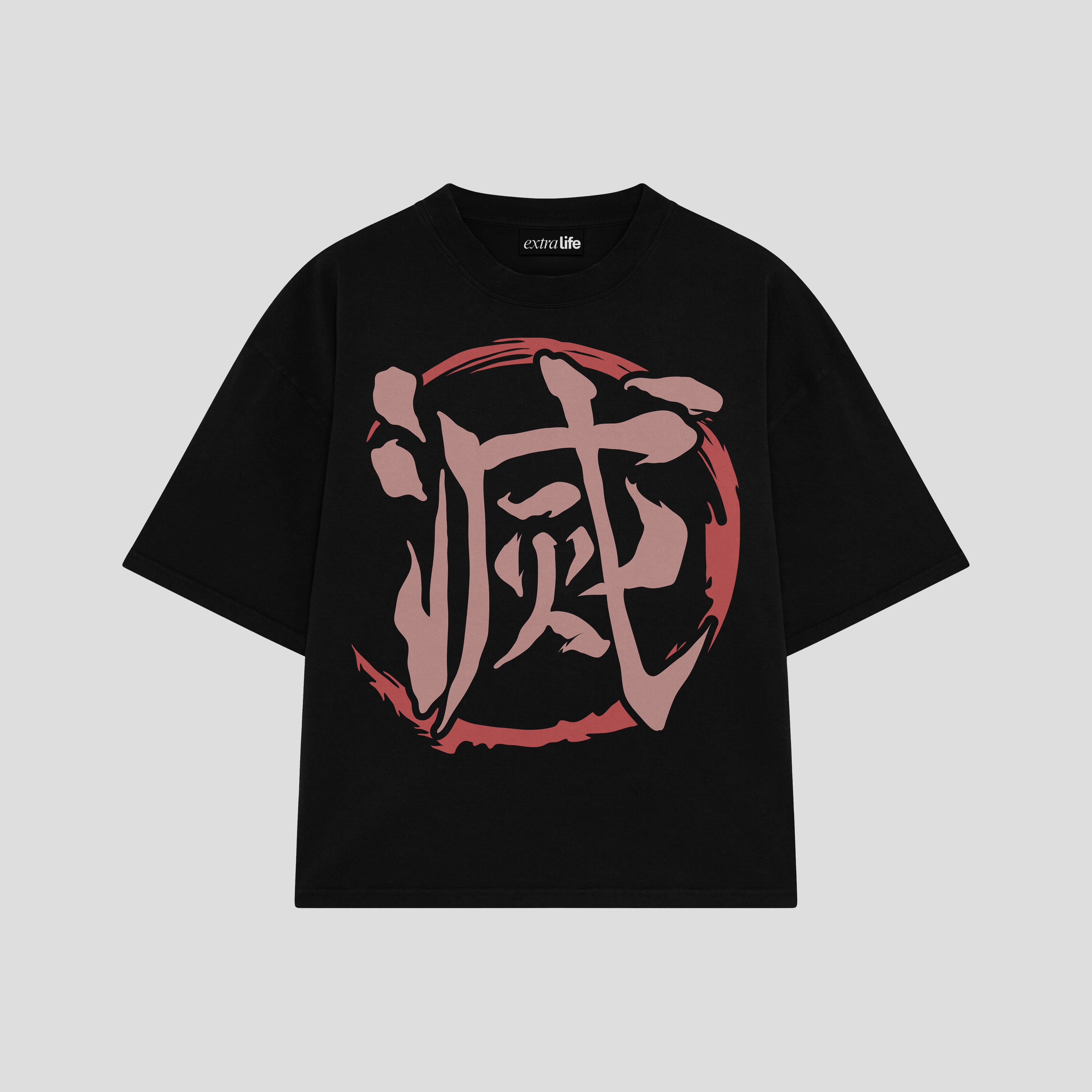 Playera streetwear premium de anime y gaming ExtraLife MX, corte boxy oversized drop shoulder heavyweight en color Deep Black y Off-White, moda urbana mexicana de culto.