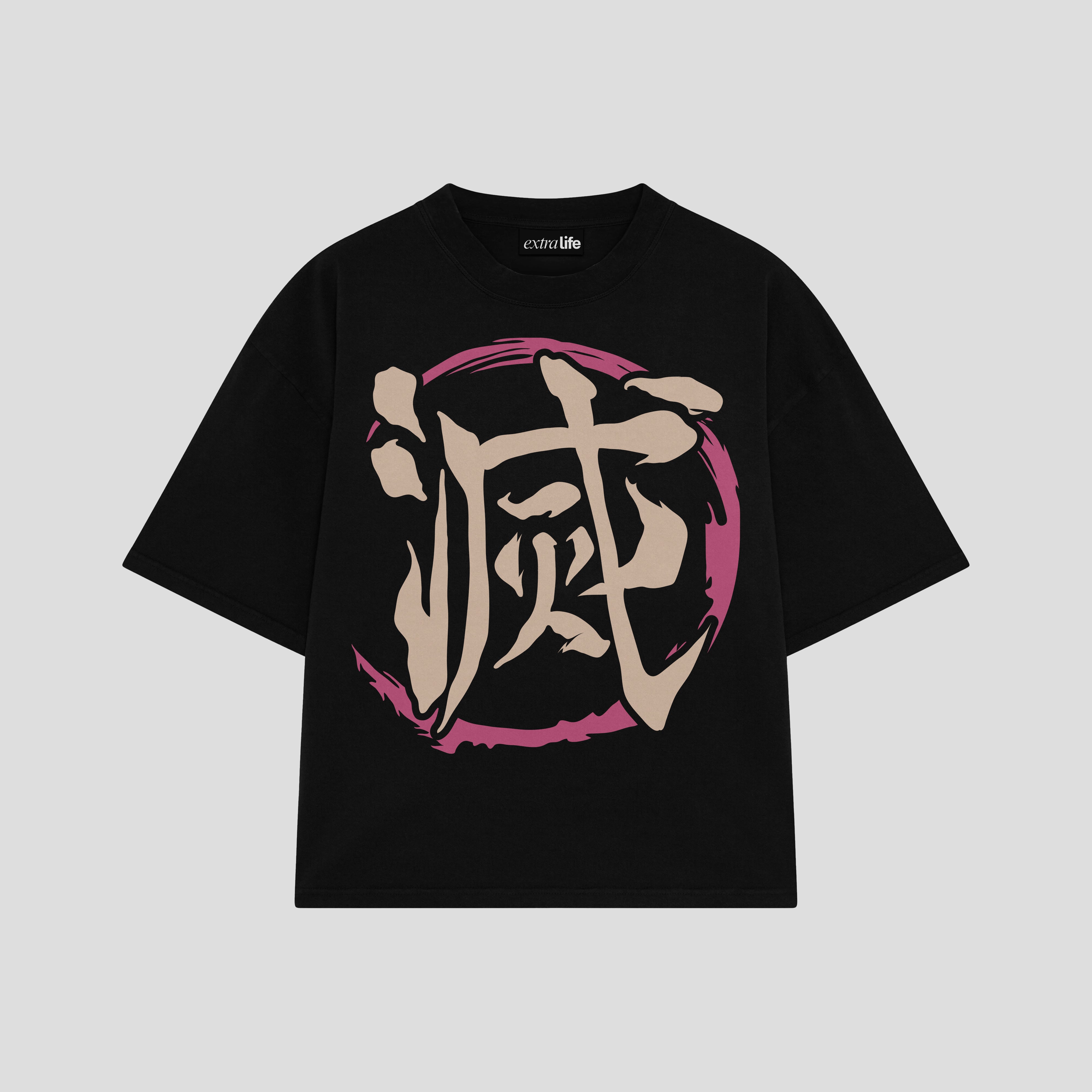 Playera streetwear premium de anime y gaming ExtraLife MX, corte boxy oversized drop shoulder heavyweight en color Deep Black y Off-White, moda urbana mexicana de culto.