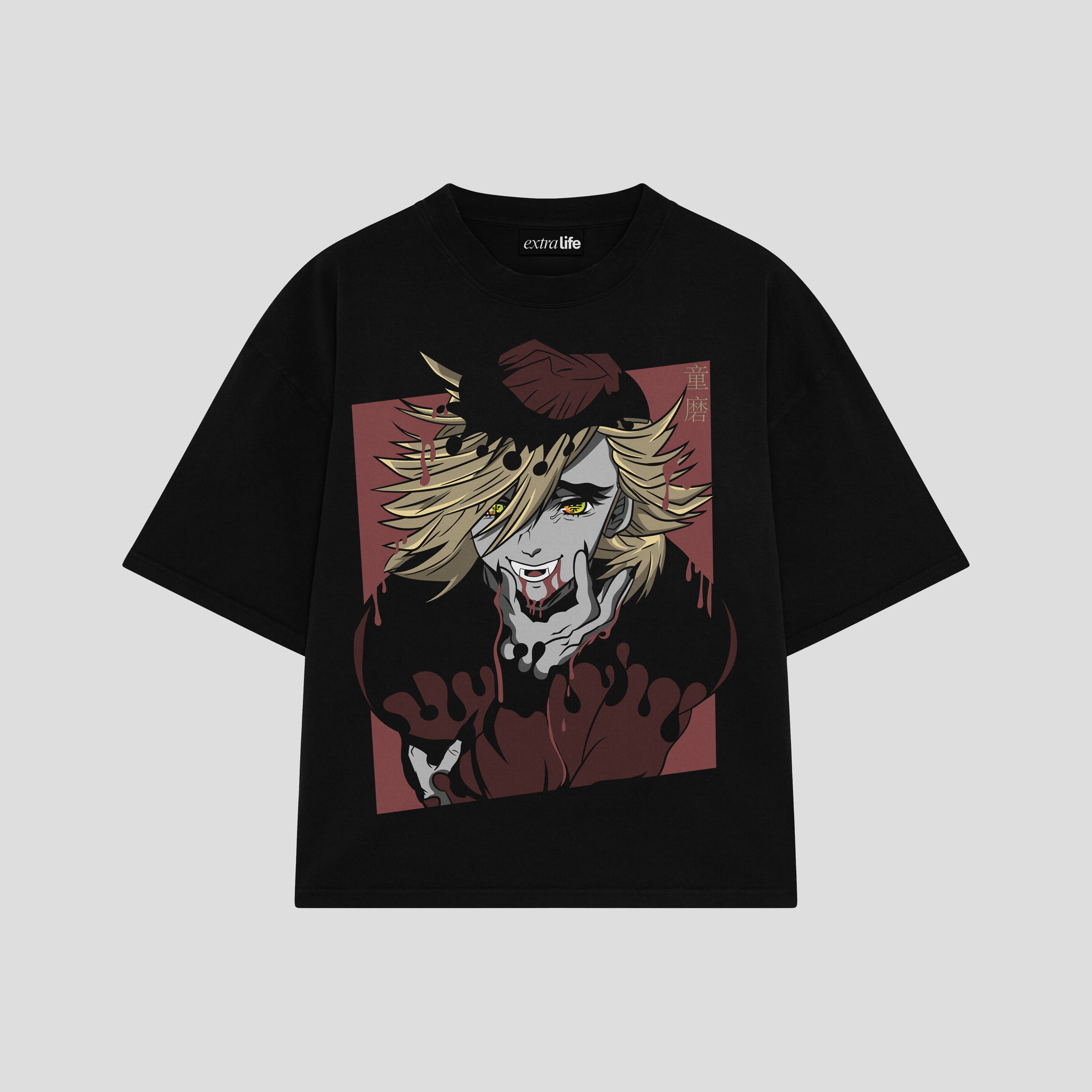 Playera streetwear premium de anime y gaming ExtraLife MX, corte boxy oversized drop shoulder heavyweight en color Deep Black y Off-White, moda urbana mexicana de culto.
