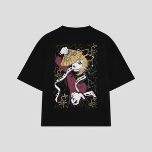Playera streetwear premium de anime y gaming ExtraLife MX, corte boxy oversized drop shoulder heavyweight en color Deep Black y Off-White, moda urbana mexicana de culto.