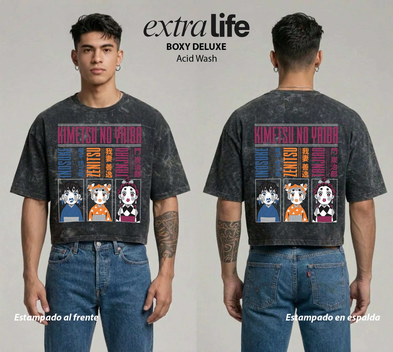 Playera streetwear premium de anime y gaming ExtraLife MX, corte boxy deluxe mineral wash heavyweight en color Acid Wash, moda urbana mexicana de culto.