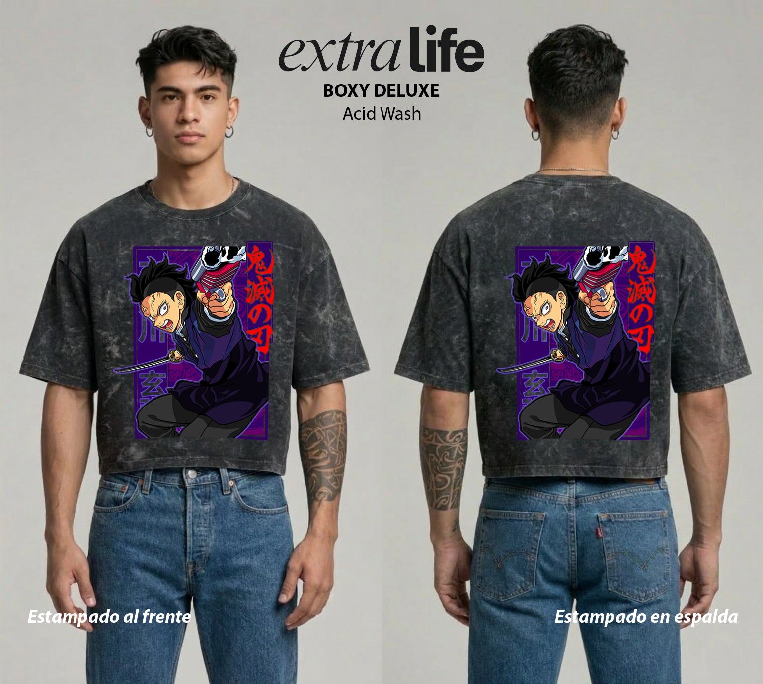 Playera streetwear premium de anime y gaming ExtraLife MX, corte boxy deluxe mineral wash heavyweight en color Acid Wash, moda urbana mexicana de culto.