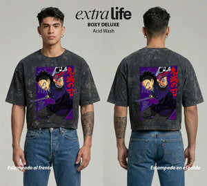 Playera streetwear premium de anime y gaming ExtraLife MX, corte boxy deluxe mineral wash heavyweight en color Acid Wash, moda urbana mexicana de culto.