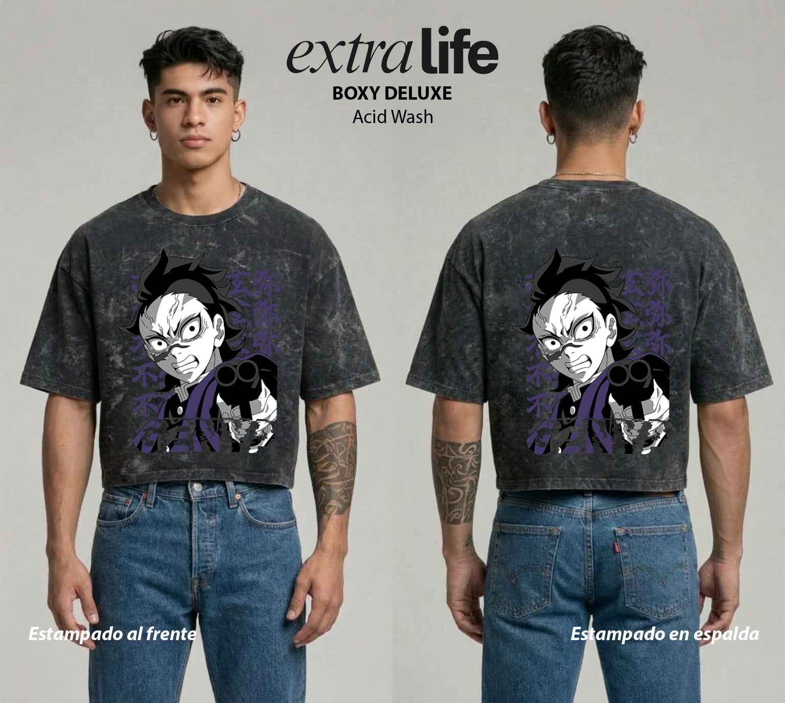 Playera streetwear premium de anime y gaming ExtraLife MX, corte boxy deluxe mineral wash heavyweight en color Acid Wash, moda urbana mexicana de culto.