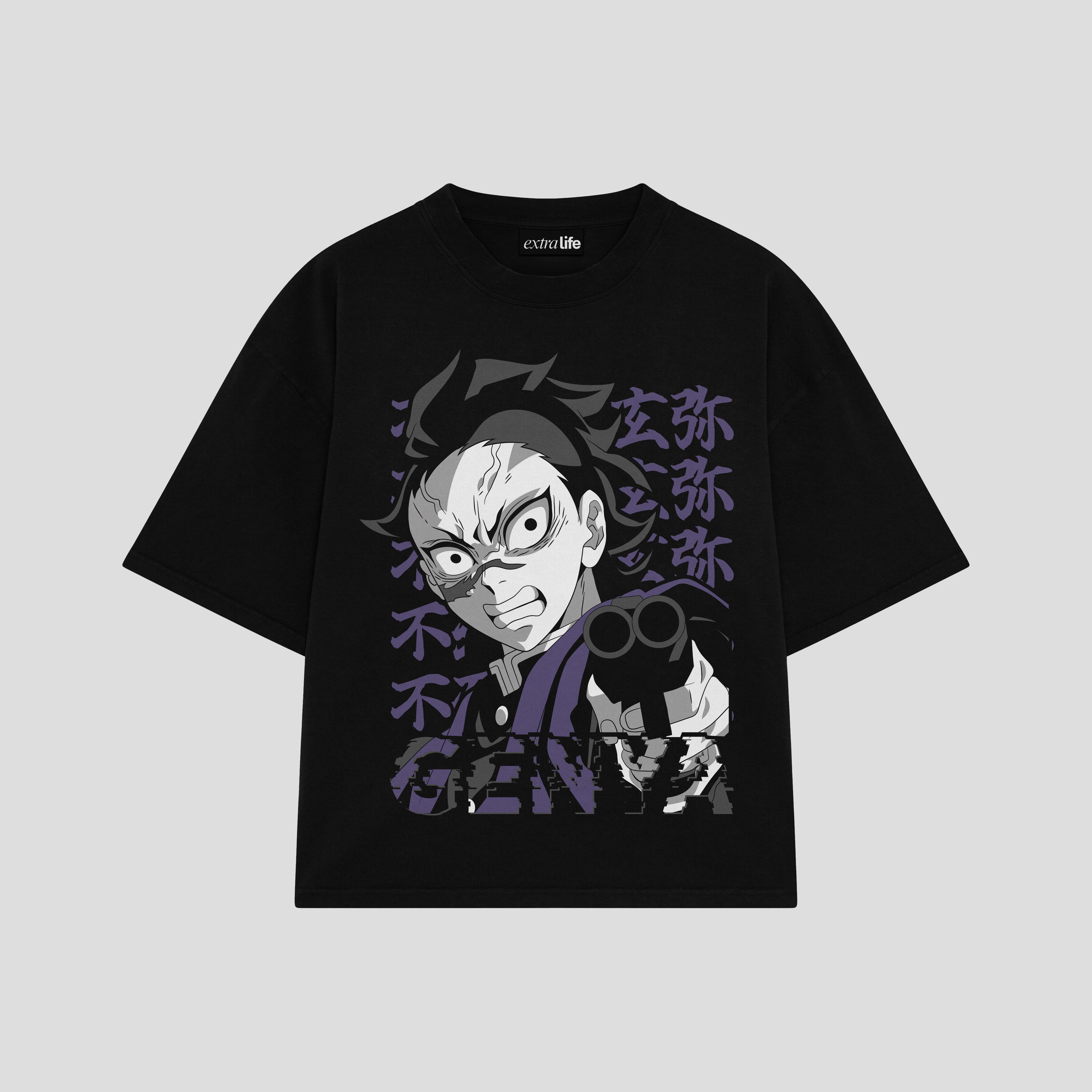 Playera streetwear premium de anime y gaming ExtraLife MX, corte boxy oversized drop shoulder heavyweight en color Deep Black y Off-White, moda urbana mexicana de culto.