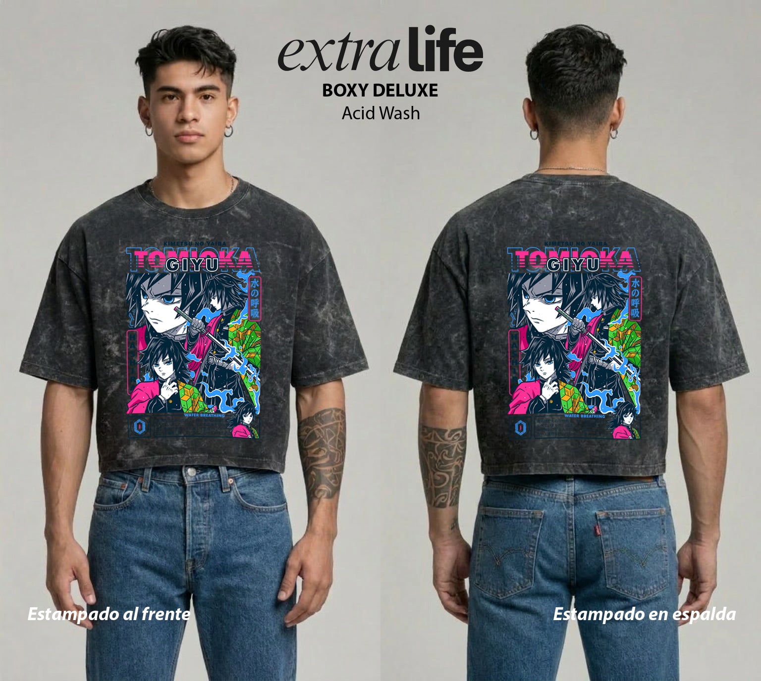 Playera streetwear premium de anime y gaming ExtraLife MX, corte boxy deluxe mineral wash heavyweight en color Acid Wash, moda urbana mexicana de culto.