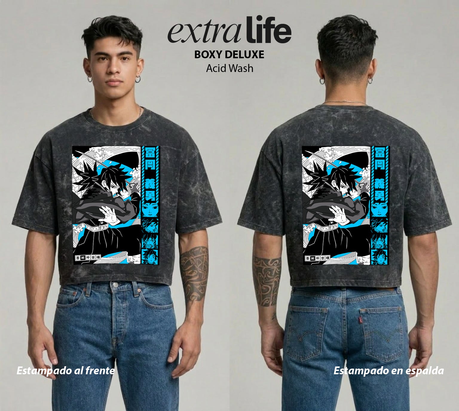 Playera streetwear premium de anime y gaming ExtraLife MX, corte boxy deluxe mineral wash heavyweight en color Acid Wash, moda urbana mexicana de culto.