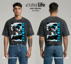 Playera streetwear premium de anime y gaming ExtraLife MX, corte boxy deluxe mineral wash heavyweight en color Acid Wash, moda urbana mexicana de culto.