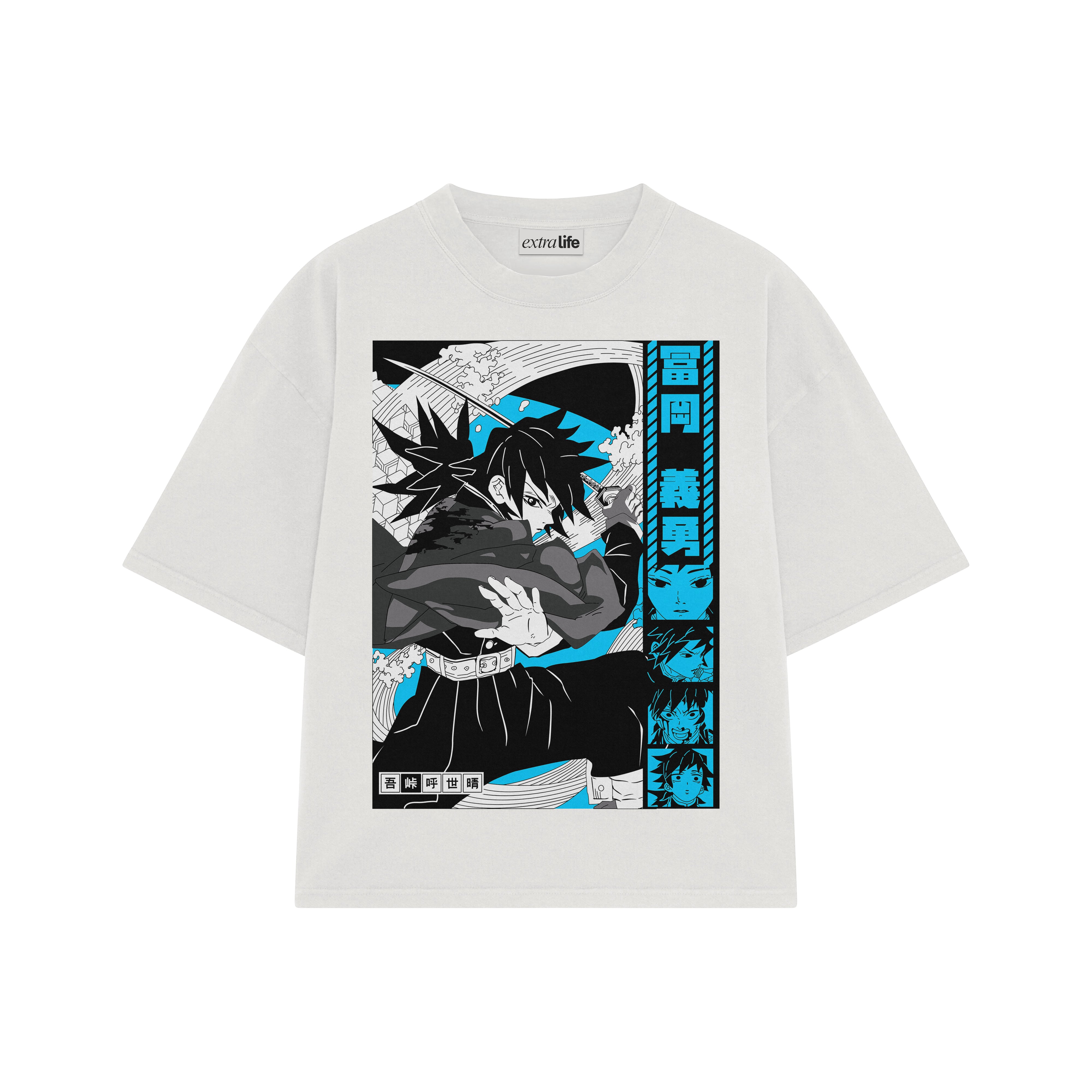 Playera streetwear premium de anime y gaming ExtraLife MX, corte boxy oversized drop shoulder heavyweight en color Deep Black y Off-White, moda urbana mexicana de culto.