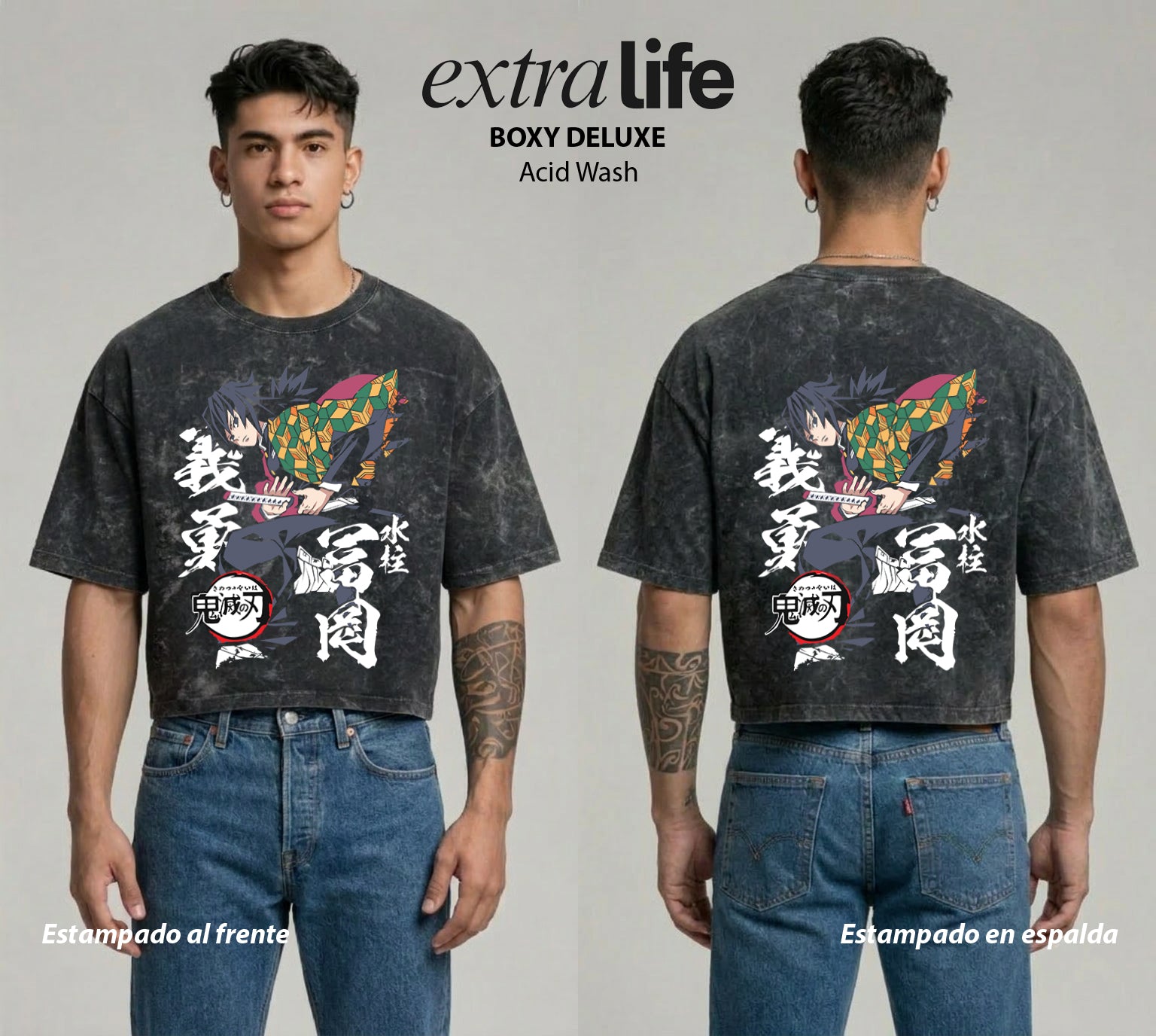 Playera streetwear premium de anime y gaming ExtraLife MX, corte boxy deluxe mineral wash heavyweight en color Acid Wash, moda urbana mexicana de culto.