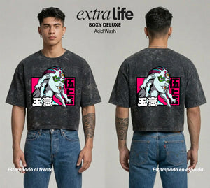 Playera streetwear premium de anime y gaming ExtraLife MX, corte boxy deluxe mineral wash heavyweight en color Acid Wash, moda urbana mexicana de culto.