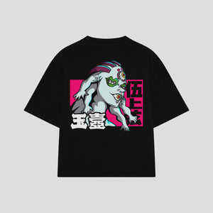Playera streetwear premium de anime y gaming ExtraLife MX, corte boxy oversized drop shoulder heavyweight en color Deep Black y Off-White, moda urbana mexicana de culto.
