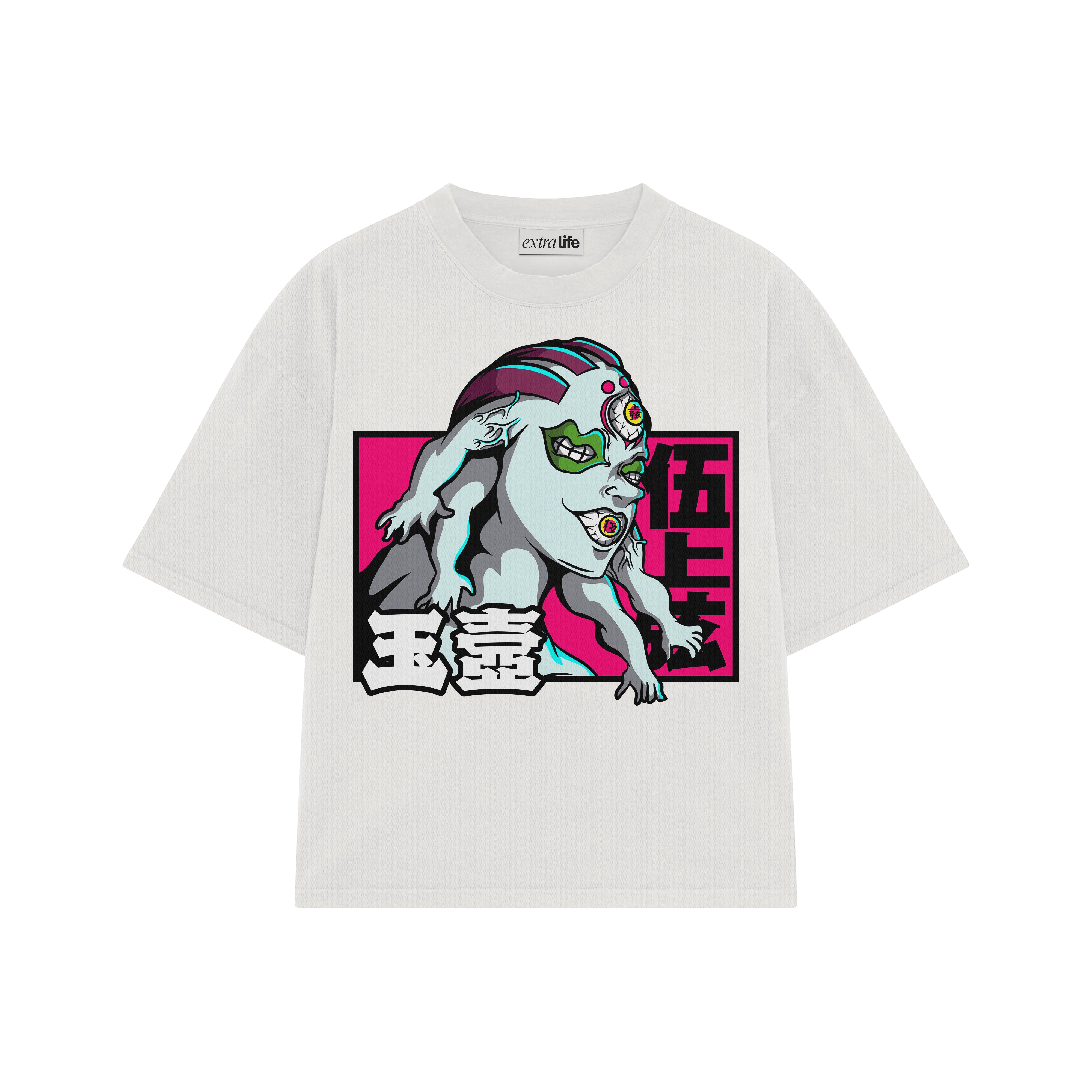 Playera streetwear premium de anime y gaming ExtraLife MX, corte boxy oversized drop shoulder heavyweight en color Deep Black y Off-White, moda urbana mexicana de culto.