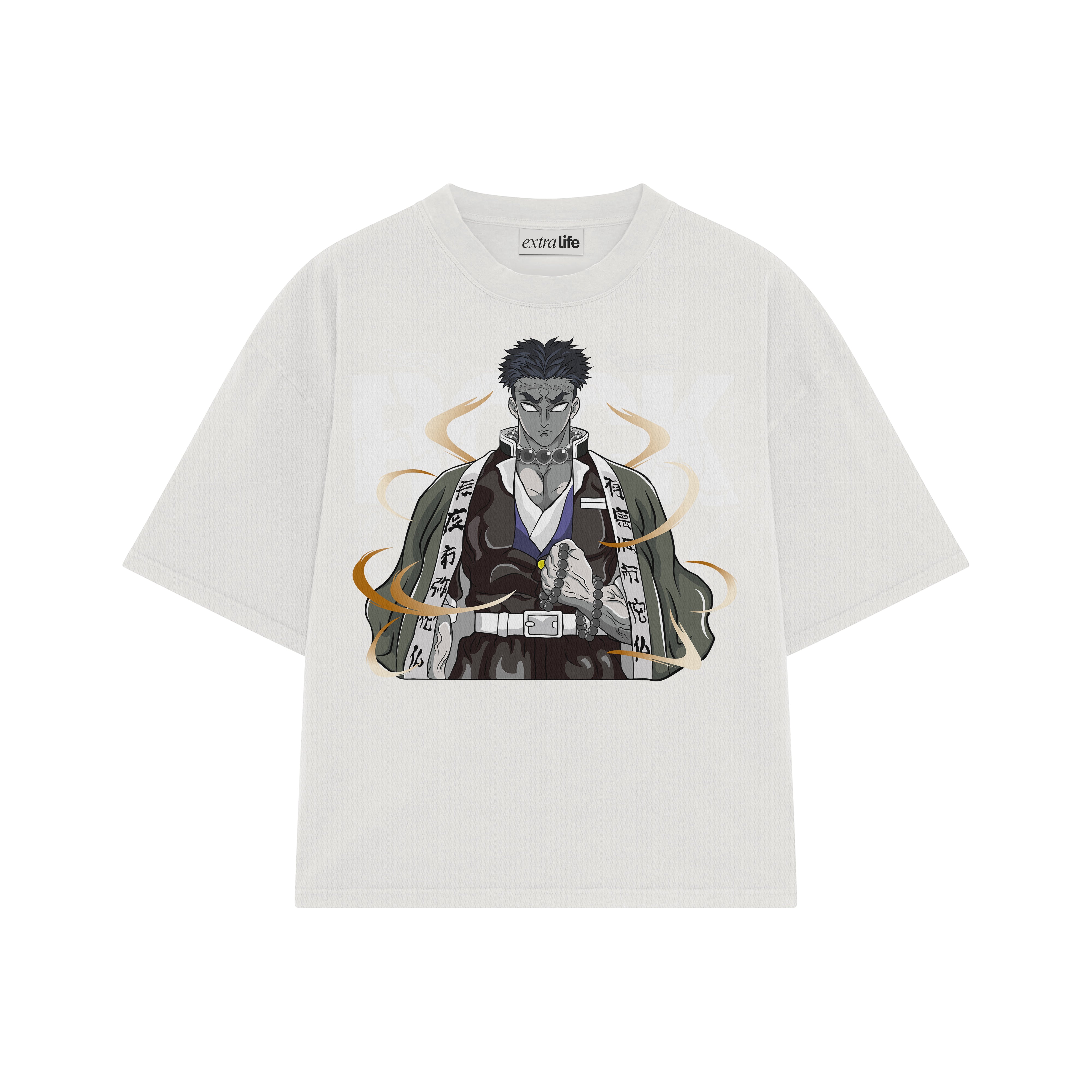 Playera streetwear premium de anime y gaming ExtraLife MX, corte boxy oversized drop shoulder heavyweight en color Deep Black y Off-White, moda urbana mexicana de culto.