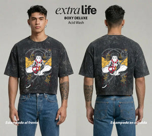 Playera streetwear premium de anime y gaming ExtraLife MX, corte boxy deluxe mineral wash heavyweight en color Acid Wash, moda urbana mexicana de culto.