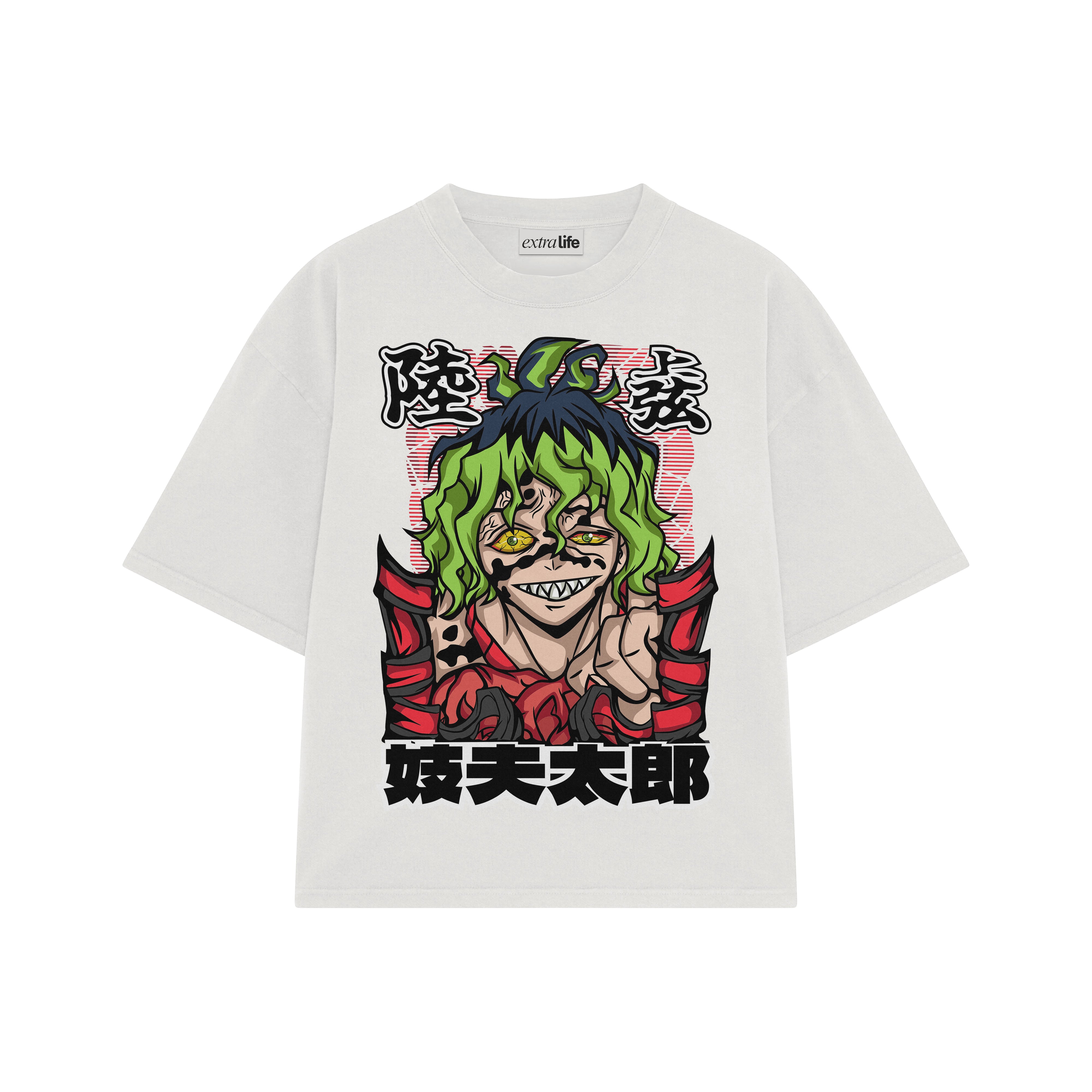 Playera streetwear premium de anime y gaming ExtraLife MX, corte boxy oversized drop shoulder heavyweight en color Deep Black y Off-White, moda urbana mexicana de culto.