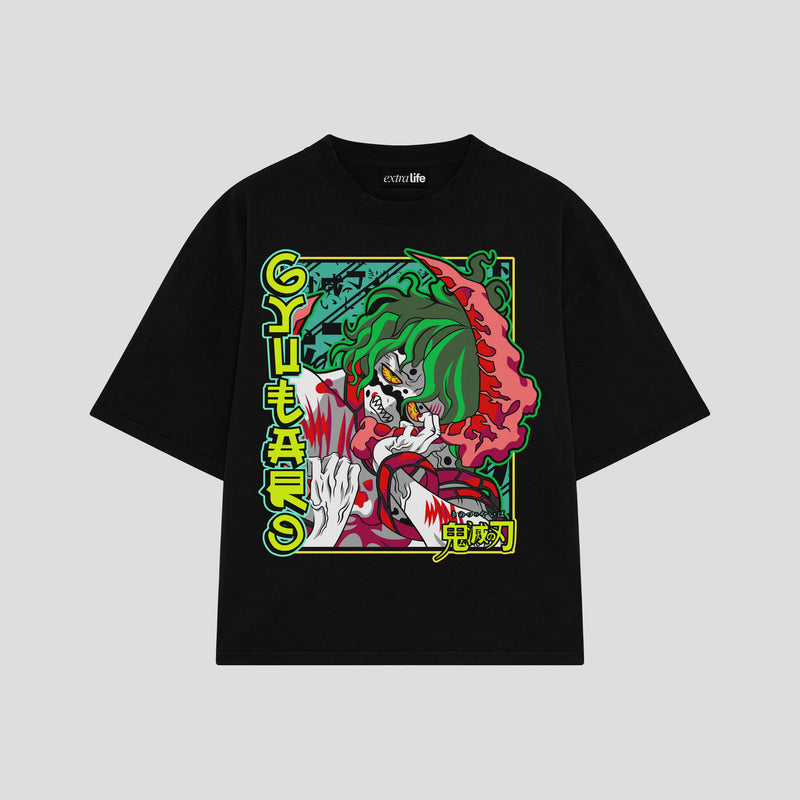 Playera streetwear premium de anime y gaming ExtraLife MX, corte boxy oversized drop shoulder heavyweight en color Deep Black y Off-White, moda urbana mexicana de culto.