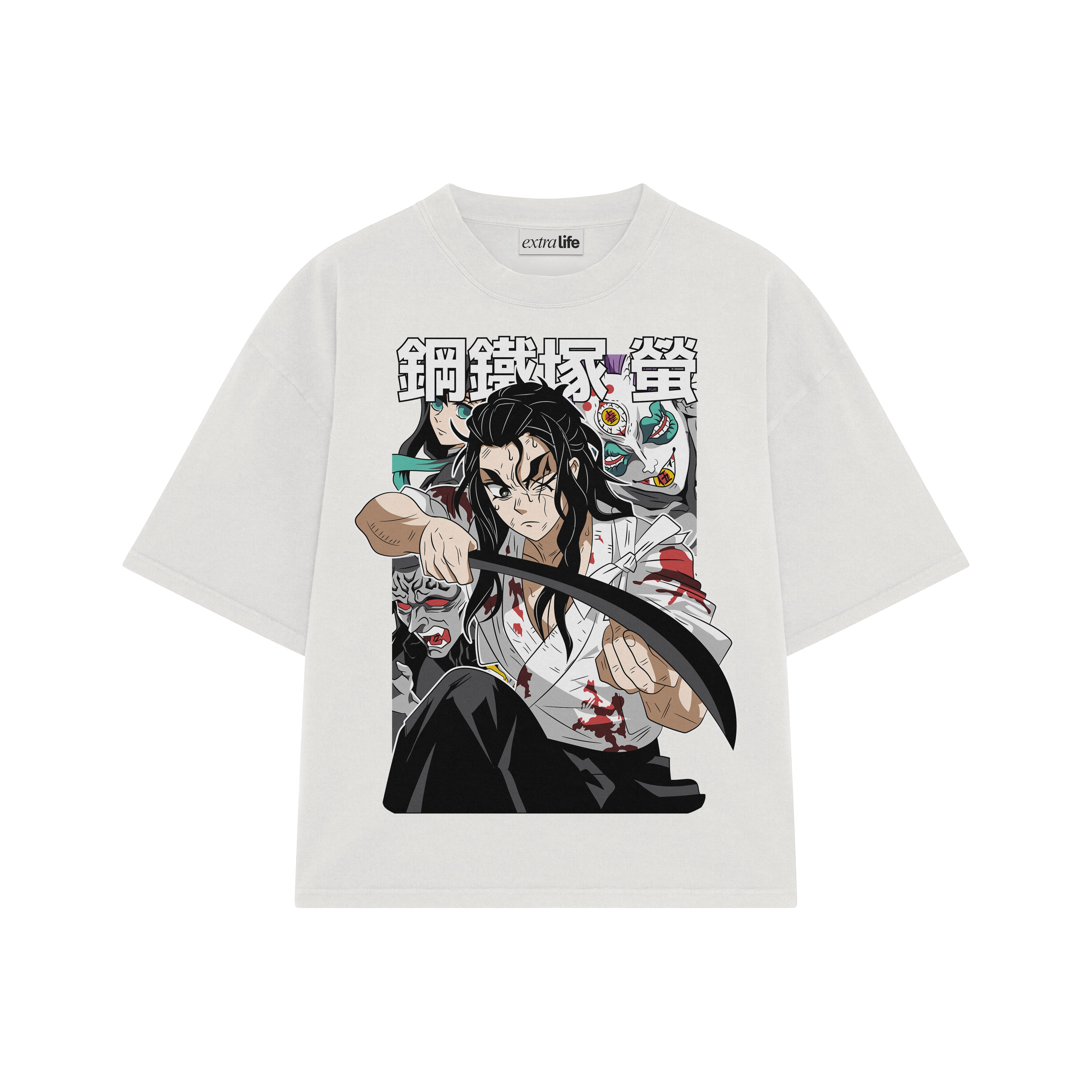 Playera streetwear premium de anime y gaming ExtraLife MX, corte boxy oversized drop shoulder heavyweight en color Deep Black y Off-White, moda urbana mexicana de culto.