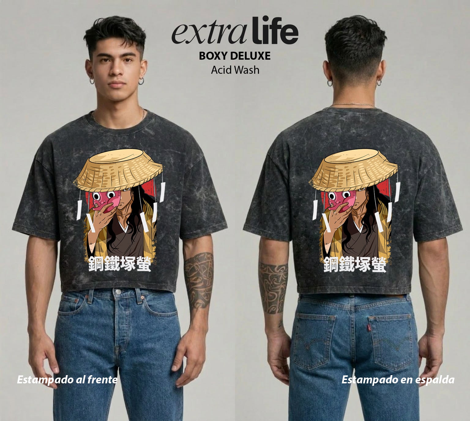 Playera streetwear premium de anime y gaming ExtraLife MX, corte boxy deluxe mineral wash heavyweight en color Acid Wash, moda urbana mexicana de culto.