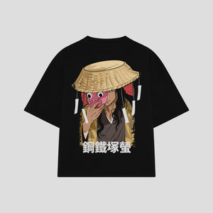 Playera streetwear premium de anime y gaming ExtraLife MX, corte boxy oversized drop shoulder heavyweight en color Deep Black y Off-White, moda urbana mexicana de culto.