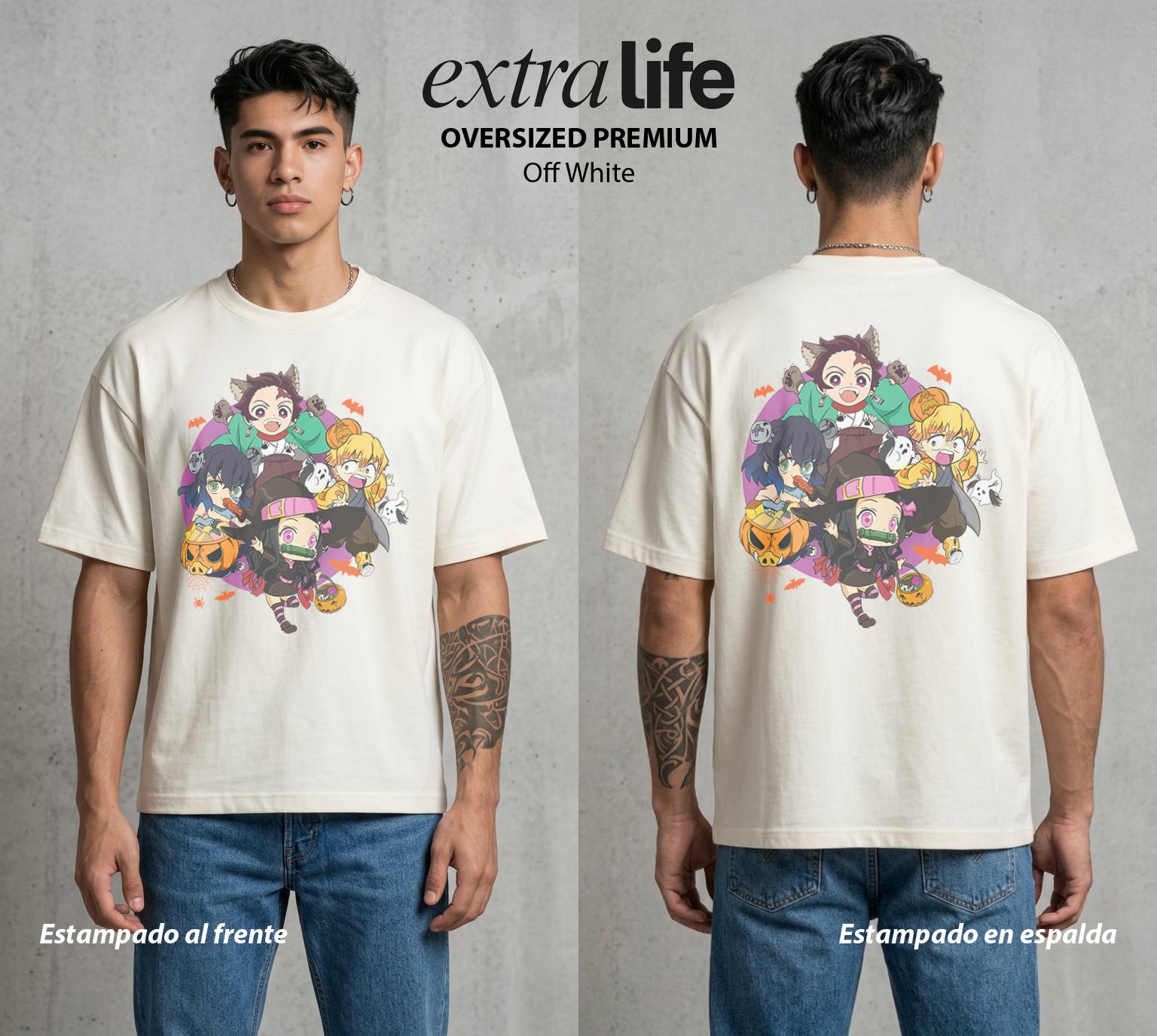 Cazadores de la Noche | Los Heroes del Futuro en Halloween #01026 - Playera Oversized Premium | Off White - Foto en modelo