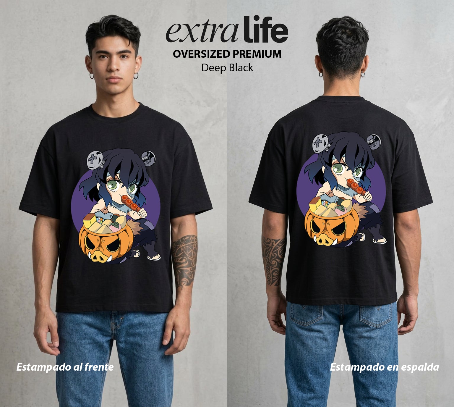 Cazadores de la Noche | El Jabalí del Monte en Halloween #01027 - Playera Oversized Premium | Deep Black - Foto en modelo