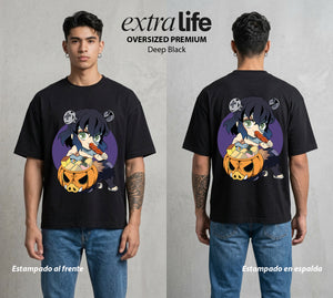 Cazadores de la Noche | El Jabalí del Monte en Halloween #01027 - Playera Oversized Premium | Deep Black - Foto en modelo
