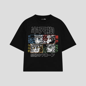 Playera streetwear premium de anime y gaming ExtraLife MX, corte boxy oversized drop shoulder heavyweight en color Deep Black y Off-White, moda urbana mexicana de culto.