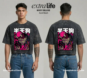 Playera streetwear premium de anime y gaming ExtraLife MX, corte boxy deluxe mineral wash heavyweight en color Acid Wash, moda urbana mexicana de culto.