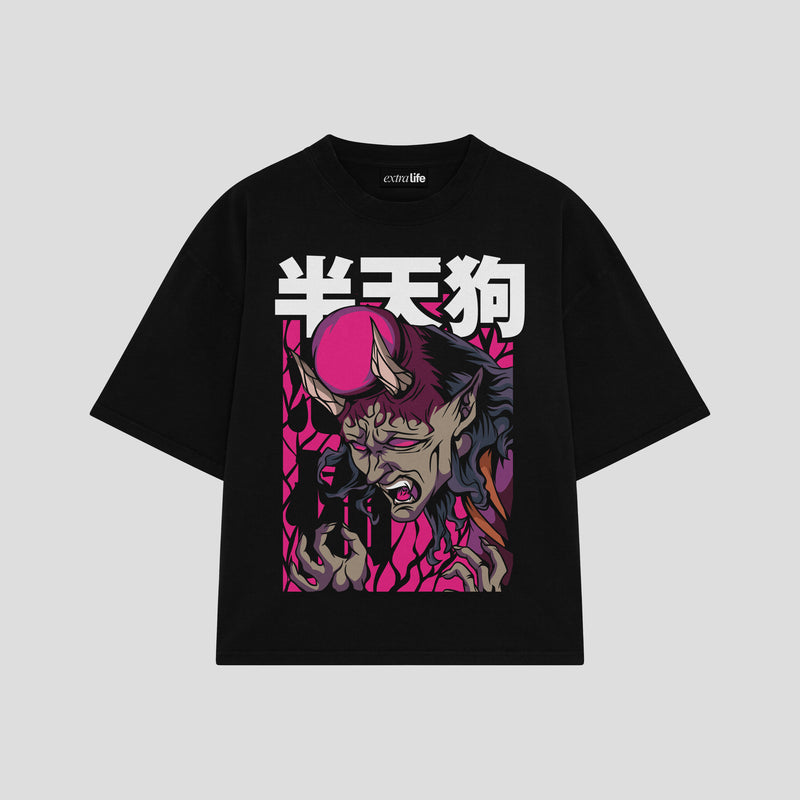 Playera streetwear premium de anime y gaming ExtraLife MX, corte boxy oversized drop shoulder heavyweight en color Deep Black y Off-White, moda urbana mexicana de culto.