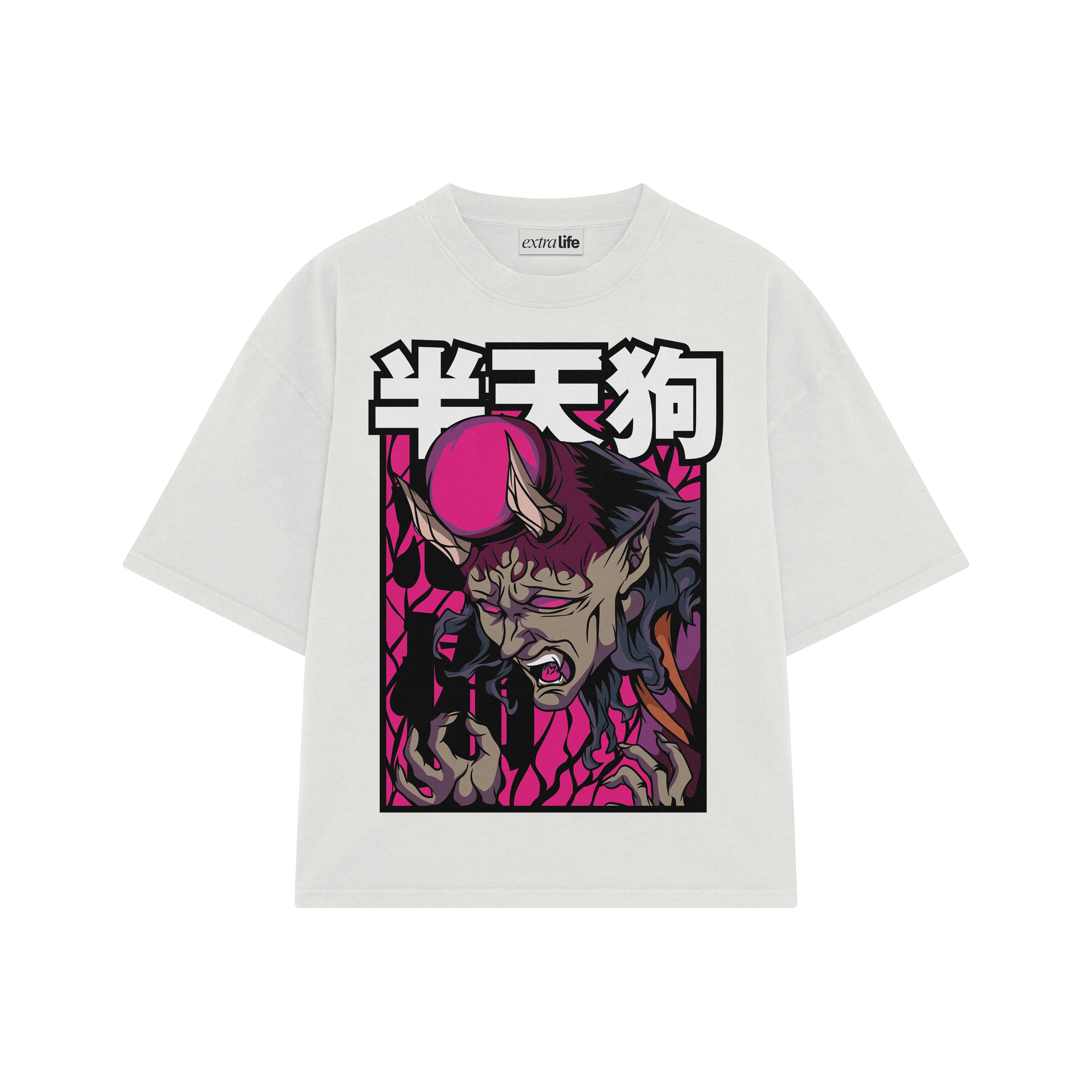 Playera streetwear premium de anime y gaming ExtraLife MX, corte boxy oversized drop shoulder heavyweight en color Deep Black y Off-White, moda urbana mexicana de culto.