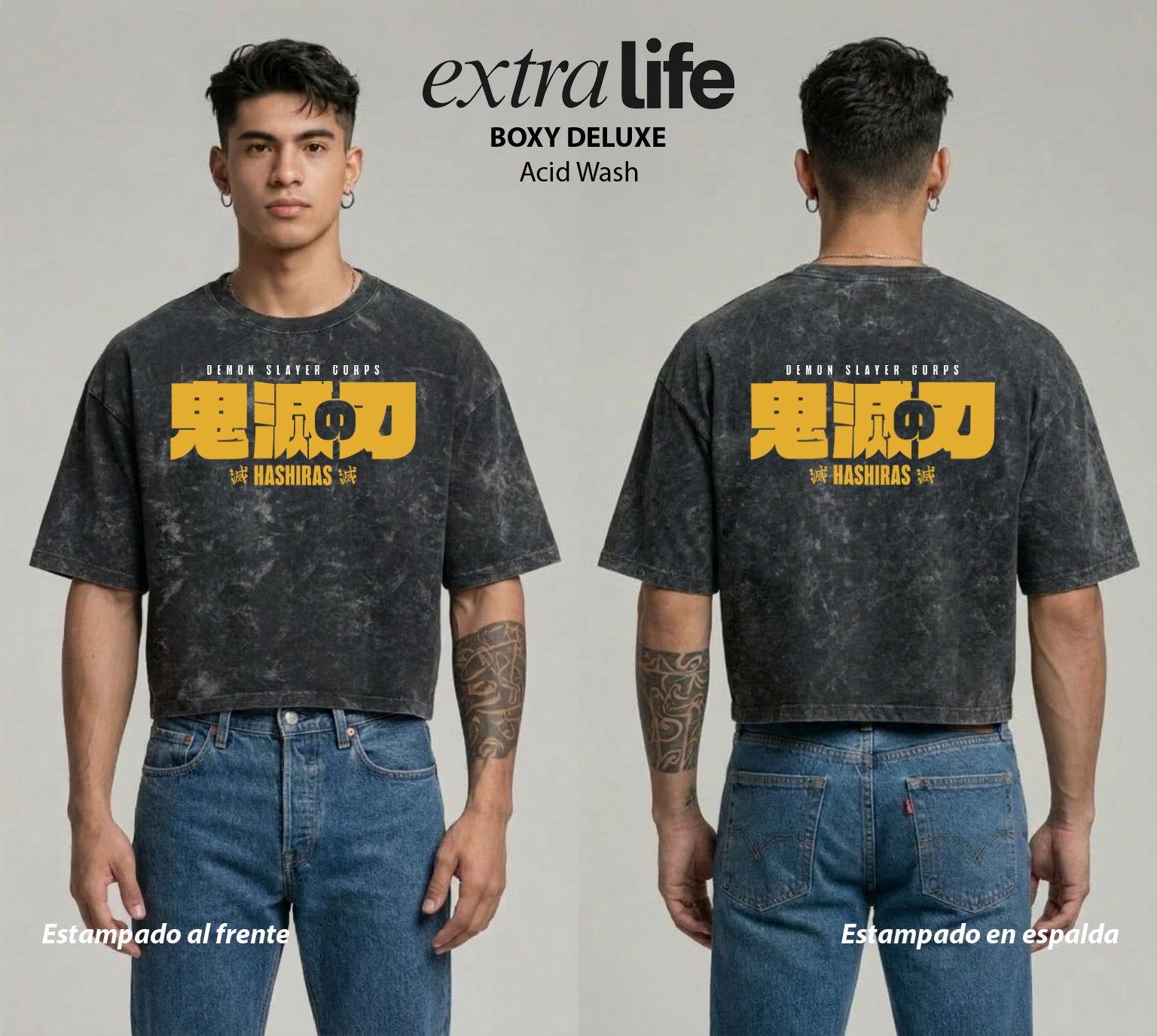 Playera streetwear premium de anime y gaming ExtraLife MX, corte boxy deluxe mineral wash heavyweight en color Acid Wash, moda urbana mexicana de culto.