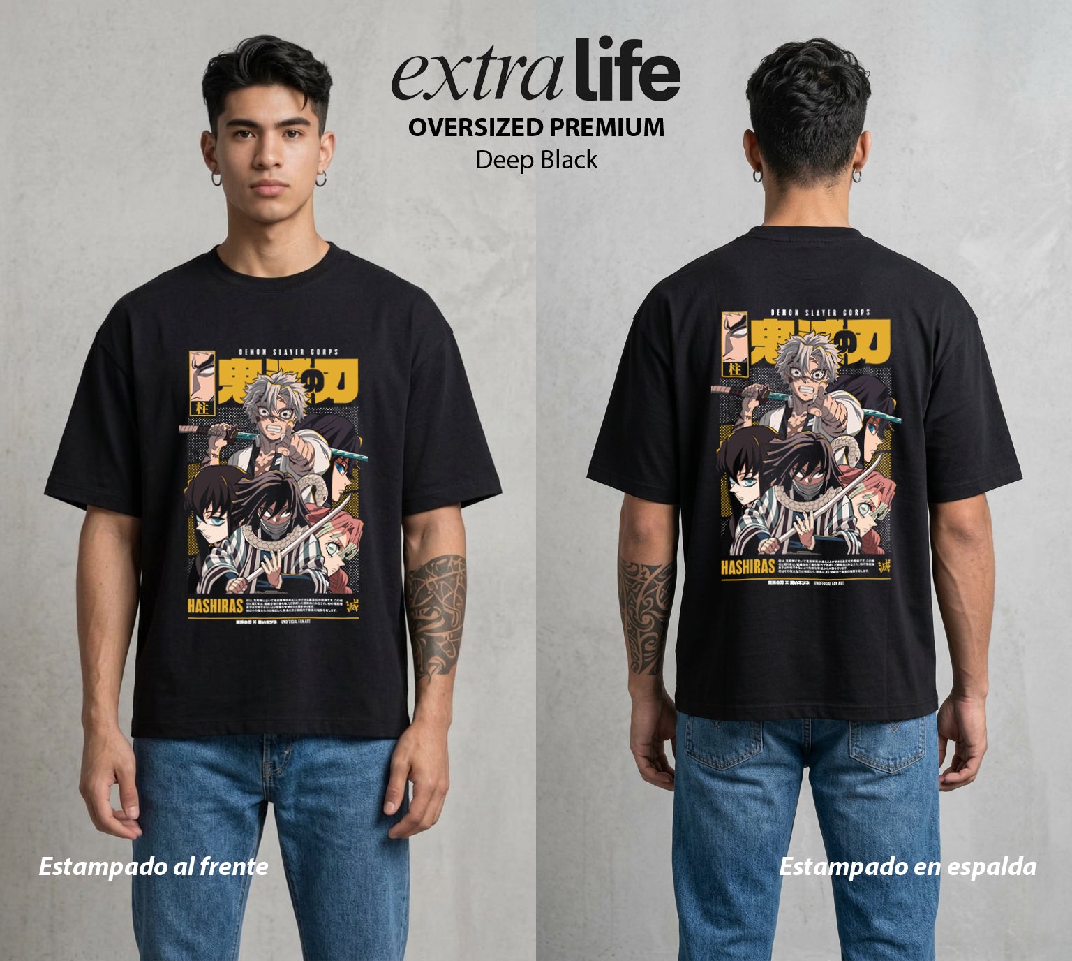 Cazadores de la Noche | Demon Slayer Hashiras #01035 - Playera Oversized Premium | Deep Black - Foto en modelo