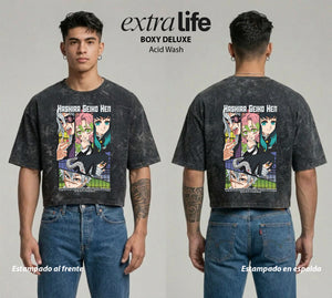 Playera streetwear premium de anime y gaming ExtraLife MX, corte boxy deluxe mineral wash heavyweight en color Acid Wash, moda urbana mexicana de culto.