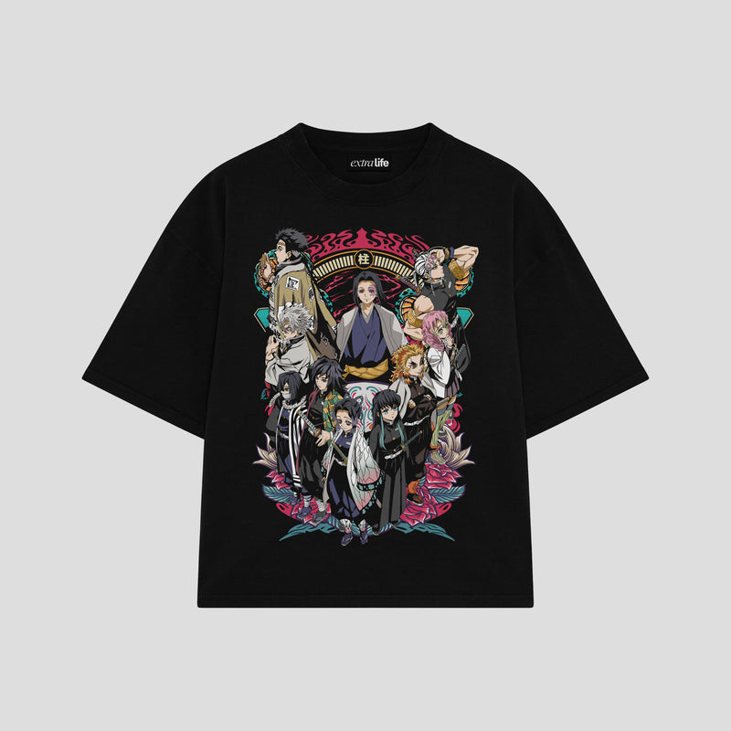 Playera streetwear premium de anime y gaming ExtraLife MX, corte boxy oversized drop shoulder heavyweight en color Deep Black y Off-White, moda urbana mexicana de culto.