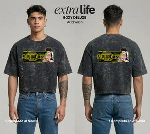 Playera streetwear premium de anime y gaming ExtraLife MX, corte boxy deluxe mineral wash heavyweight en color Acid Wash, moda urbana mexicana de culto.