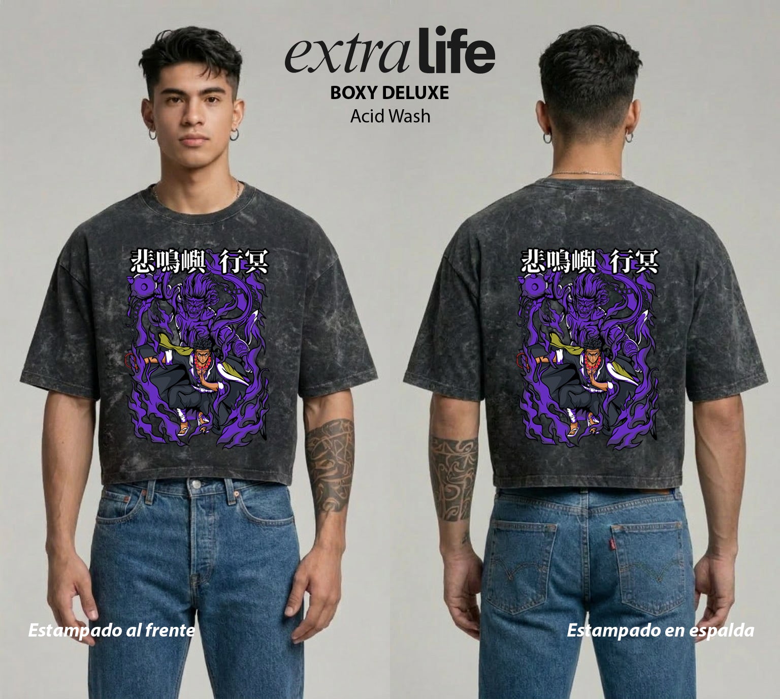 Playera streetwear premium de anime y gaming ExtraLife MX, corte boxy deluxe mineral wash heavyweight en color Acid Wash, moda urbana mexicana de culto.