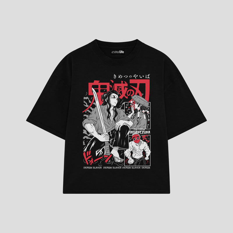 Playera streetwear premium de anime y gaming ExtraLife MX, corte boxy oversized drop shoulder heavyweight en color Deep Black y Off-White, moda urbana mexicana de culto.