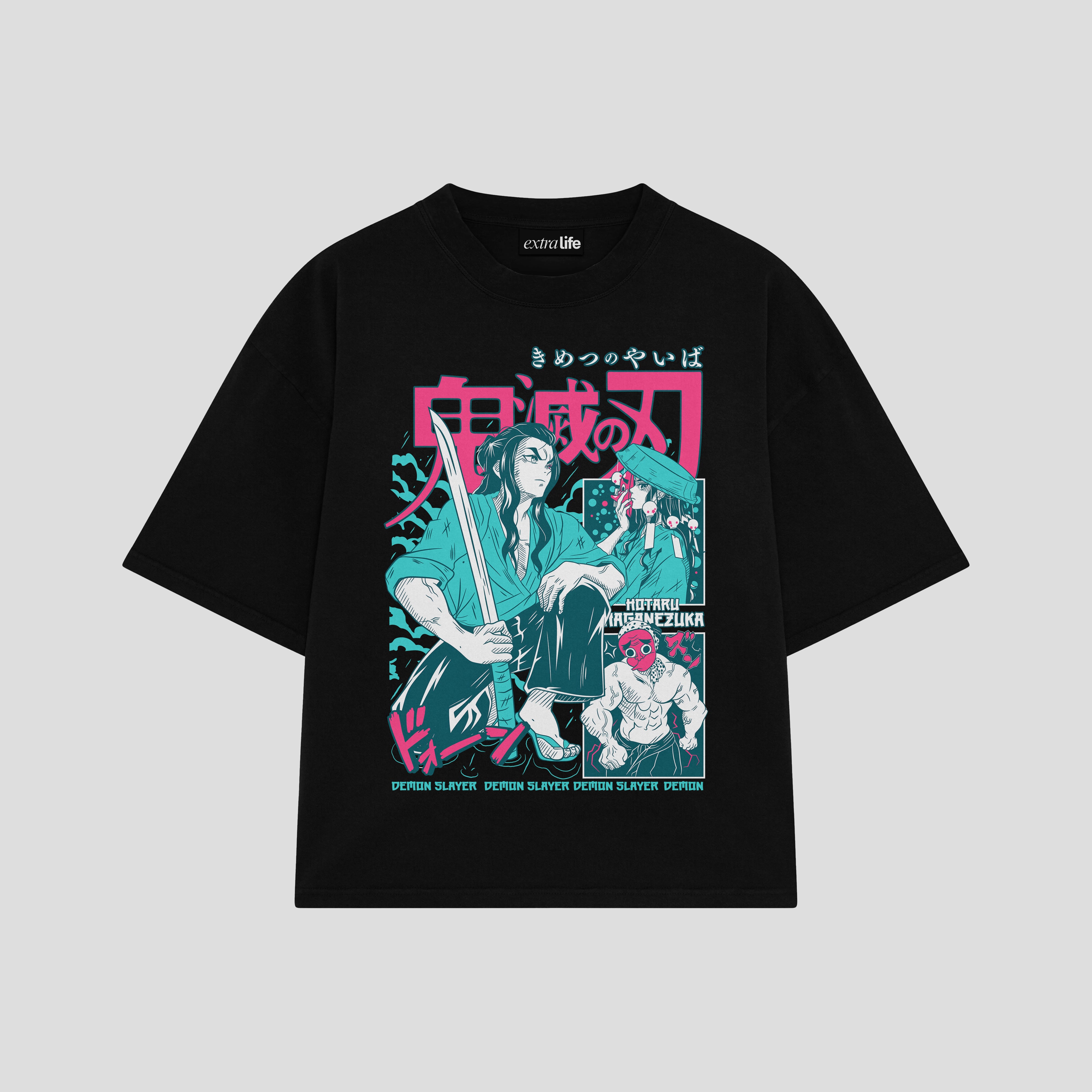 Playera streetwear premium de anime y gaming ExtraLife MX, corte boxy oversized drop shoulder heavyweight en color Deep Black y Off-White, moda urbana mexicana de culto.