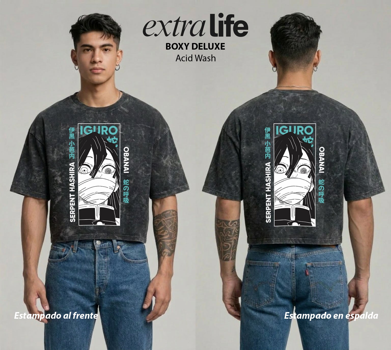 Playera streetwear premium de anime y gaming ExtraLife MX, corte boxy deluxe mineral wash heavyweight en color Acid Wash, moda urbana mexicana de culto.