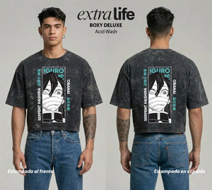 Playera streetwear premium de anime y gaming ExtraLife MX, corte boxy deluxe mineral wash heavyweight en color Acid Wash, moda urbana mexicana de culto.
