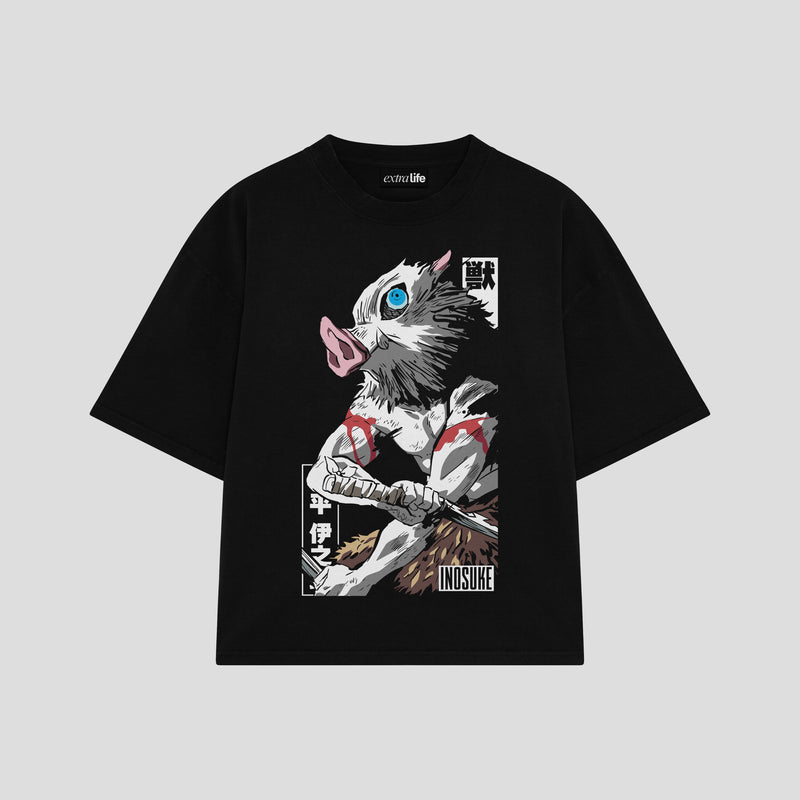 Playera streetwear premium de anime y gaming ExtraLife MX, corte boxy oversized drop shoulder heavyweight en color Deep Black y Off-White, moda urbana mexicana de culto.